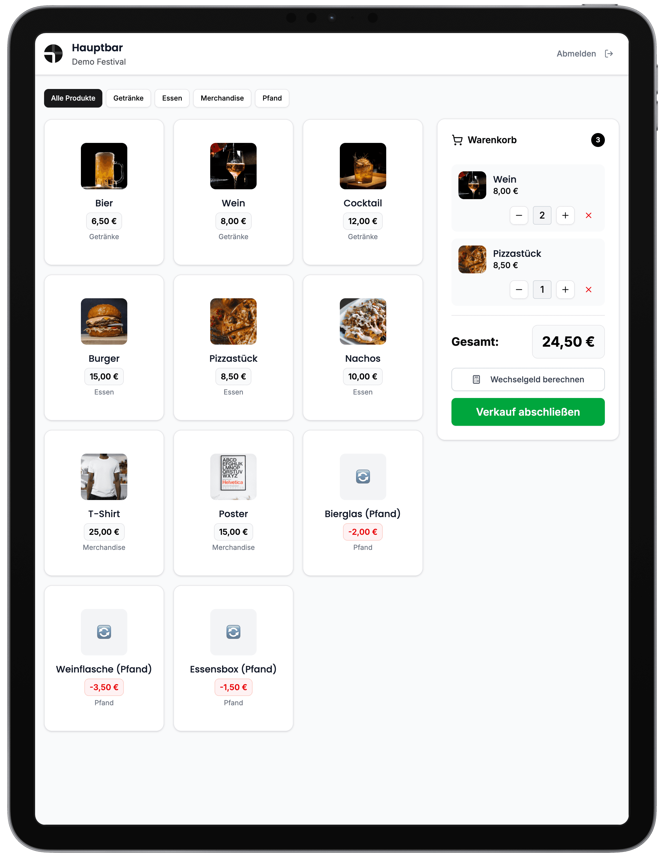 Digitale Kasse ebing auf Tablet - Kassensystem für Veranstaltungen ohne Registrierkasse